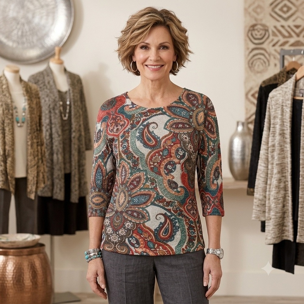 Chico's Knit Top Wms 1 M Multicolor Paisley 3/4 Sleeve Lattice Back Boho Retro
